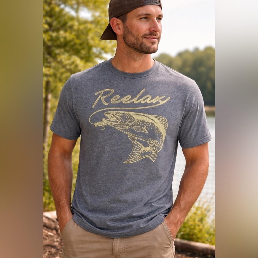 Fishing Graphic Tee - Men's Gray Crew Neck Shirt